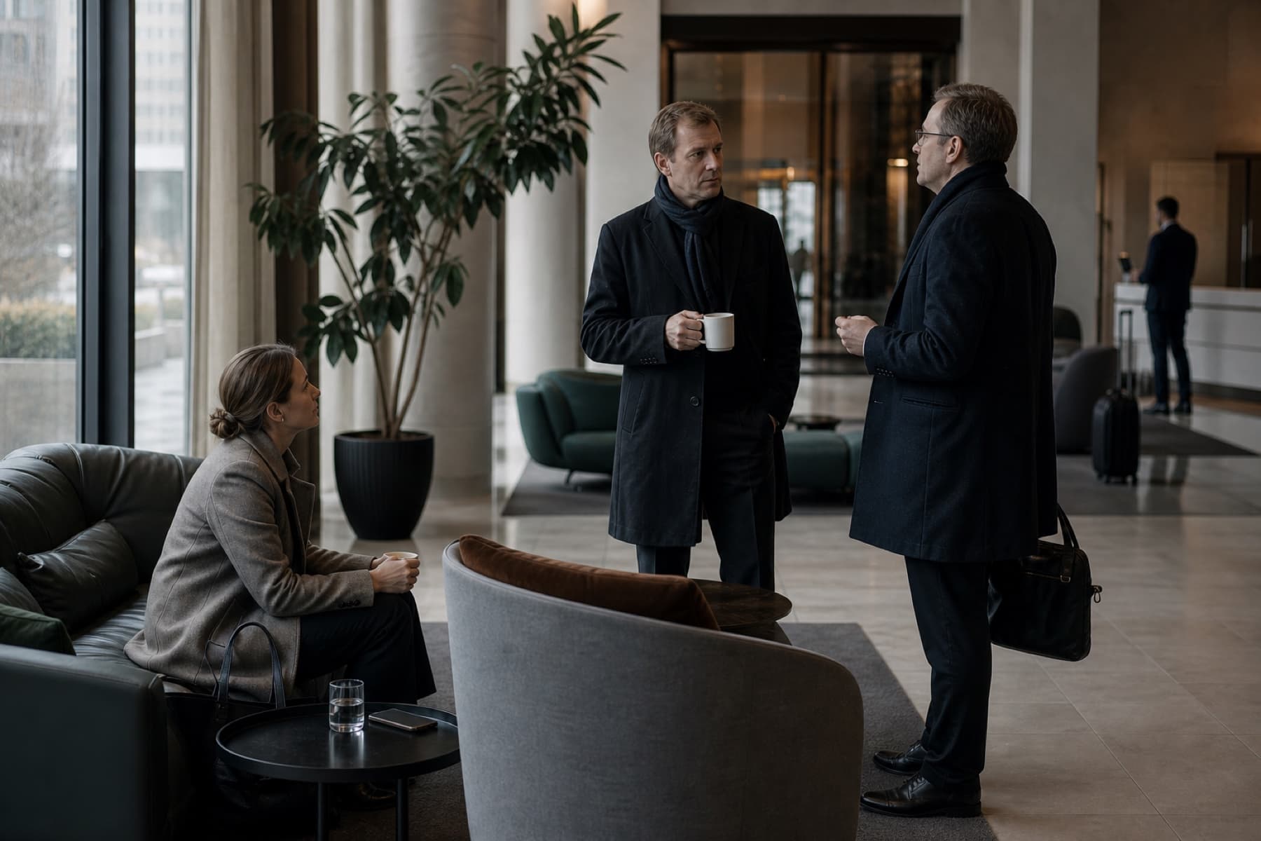 Guests in a quiet lobby before a hosted occasion