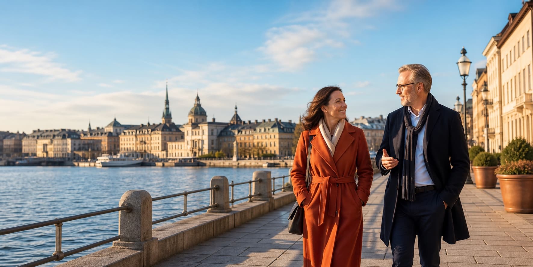 Two hosted business guests walking in warm daylight by a European waterfront, with a woman in a terracotta coat