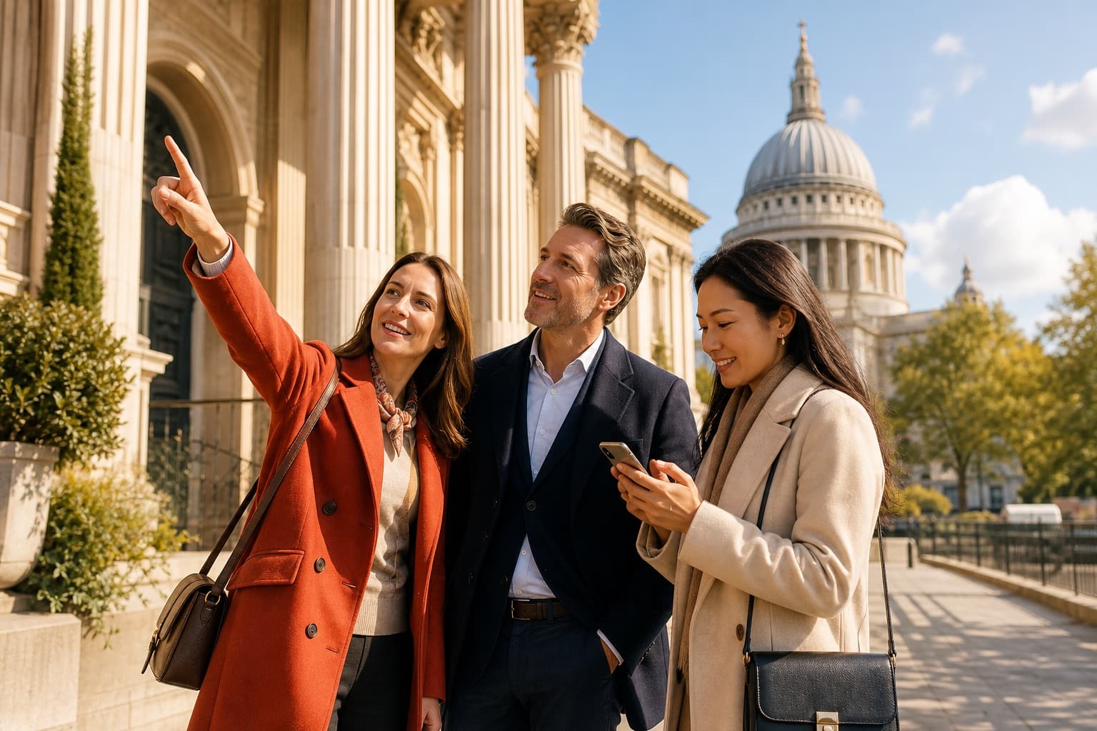 Hosted business guests smiling and pointing toward architecture in warm daylight, with a terracotta coat