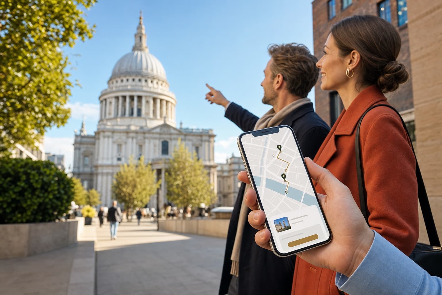 Hosted guests near St. Paul's Cathedral using a private route map on a phone