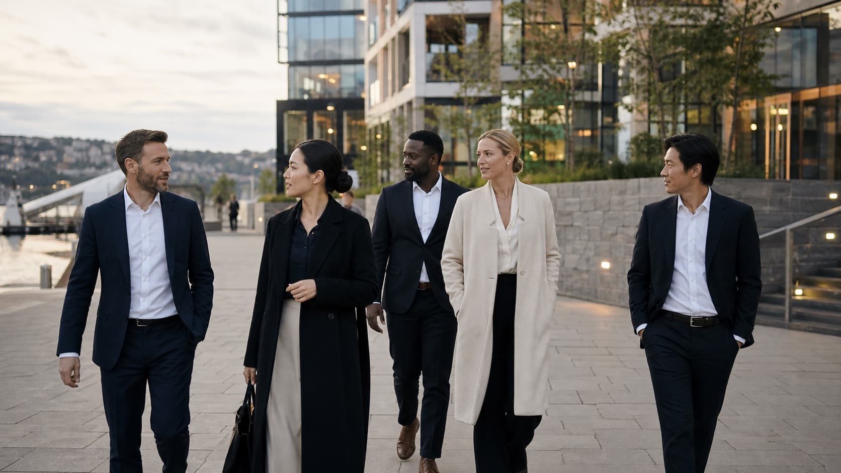 A small group of invited guests moving through an urban waterfront