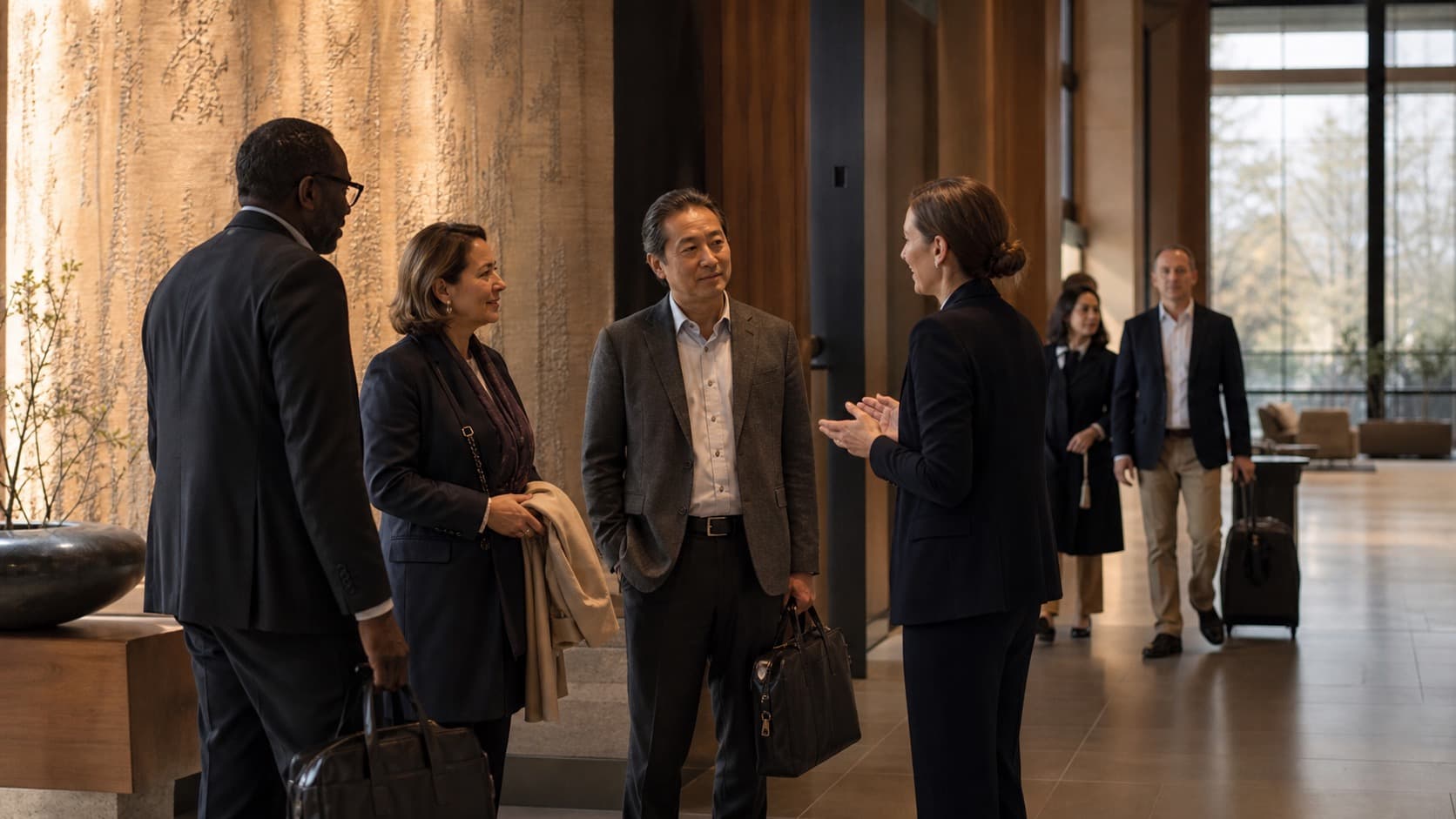 International guests being welcomed in a warm, quiet lobby setting